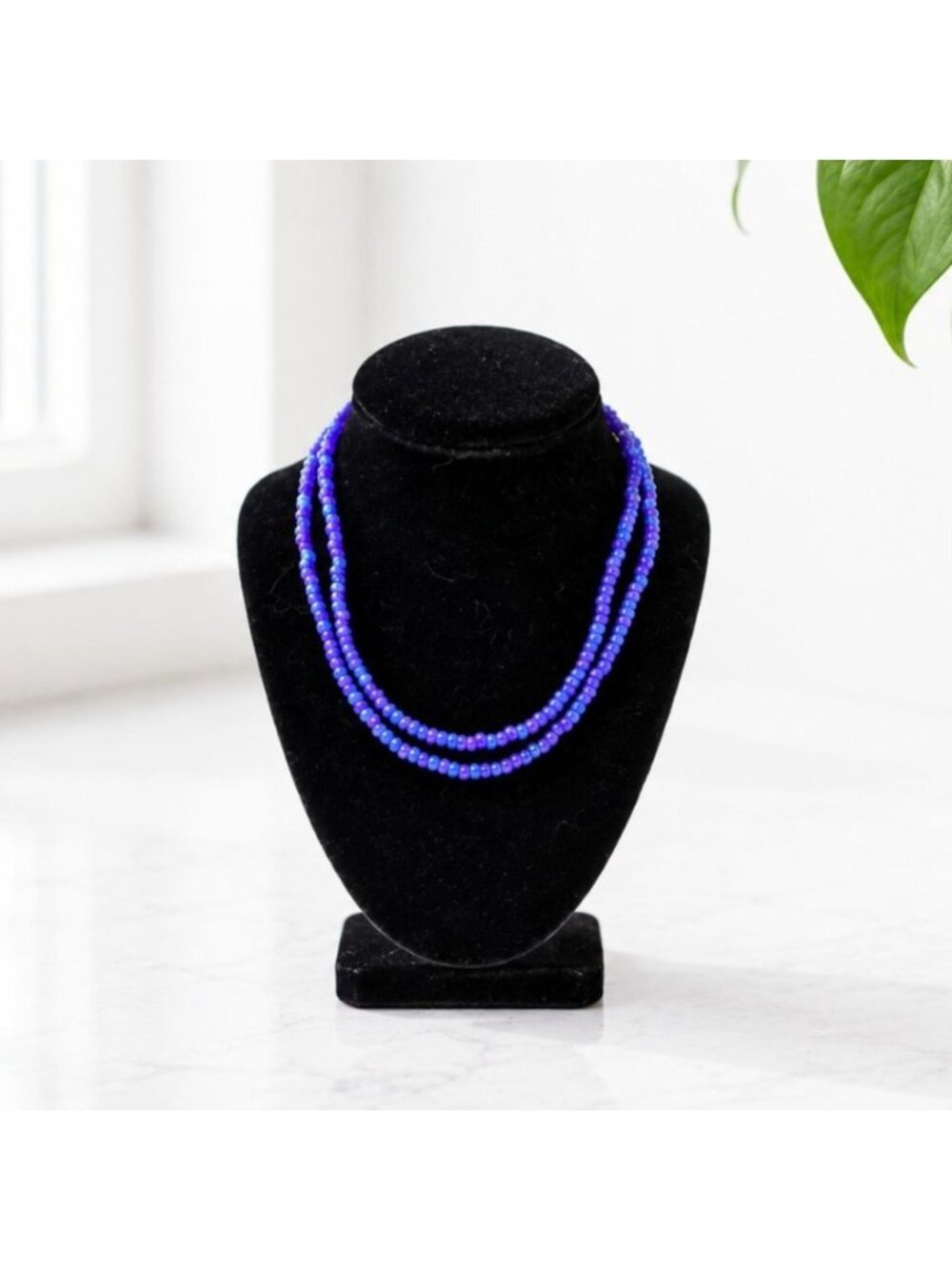 Vintage Multi-Strand Cobalt Blue Glass Beaded Necklace With Lobster Clasp Closur